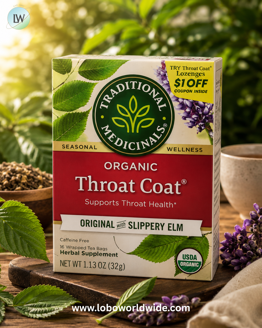 Traditional Medicinals, Organic Throat Coat®, Original with Slippery Elm, Caffeine Free, 16 Wrapped Tea Bags, 1.13 oz (32 g)