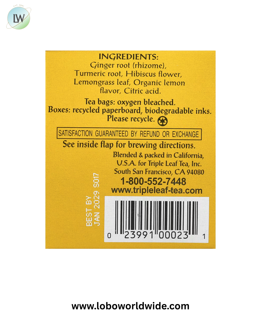 Triple Leaf Tea, Lemon Ginger, Caffeine Free, 20 Tea Bags, 1.41 oz (40 g)