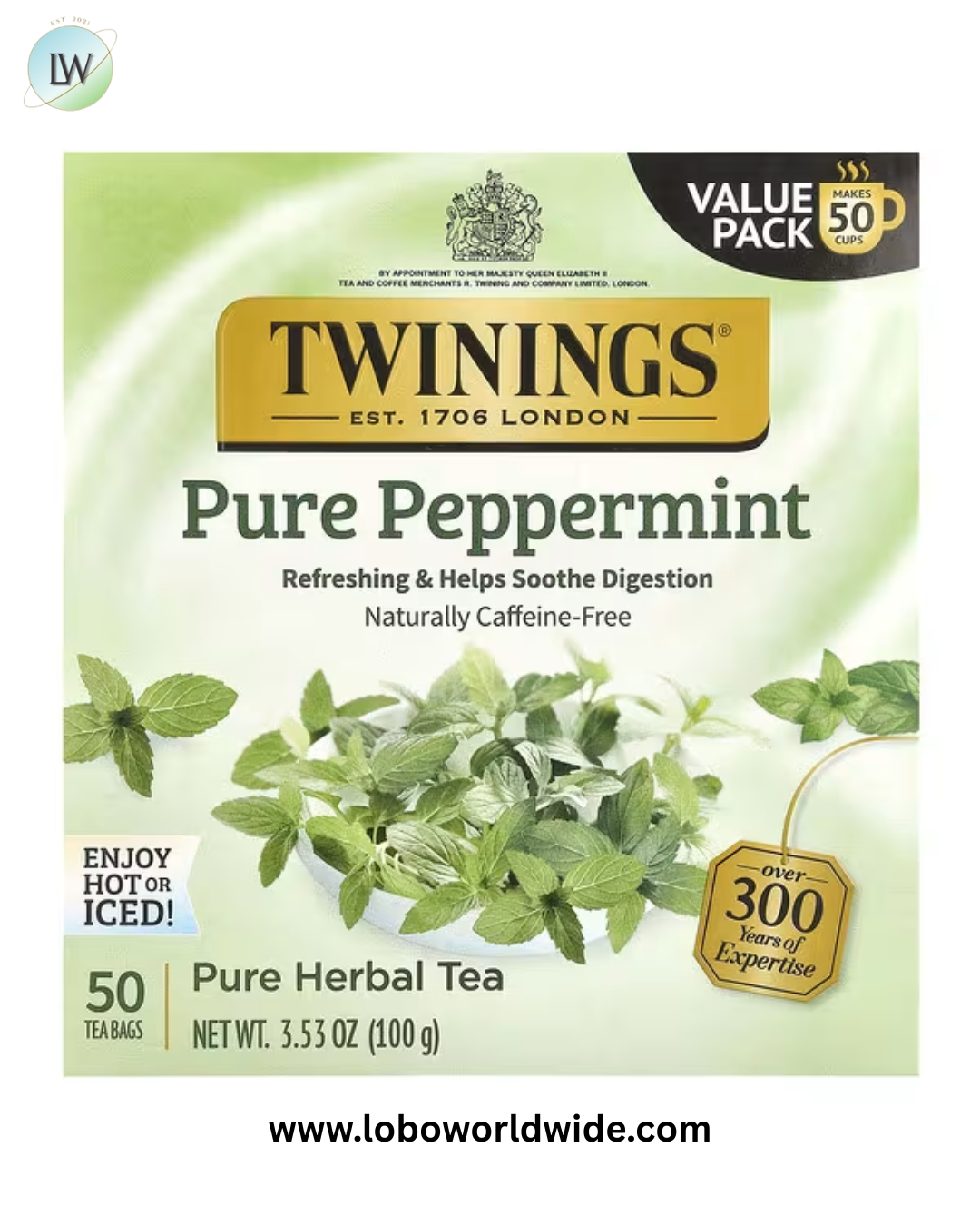 Twinings, Pure Herbal Tea, Pure Peppermint, Caffeine Free, 50 Tea Bags, 3.53 oz (100 g)