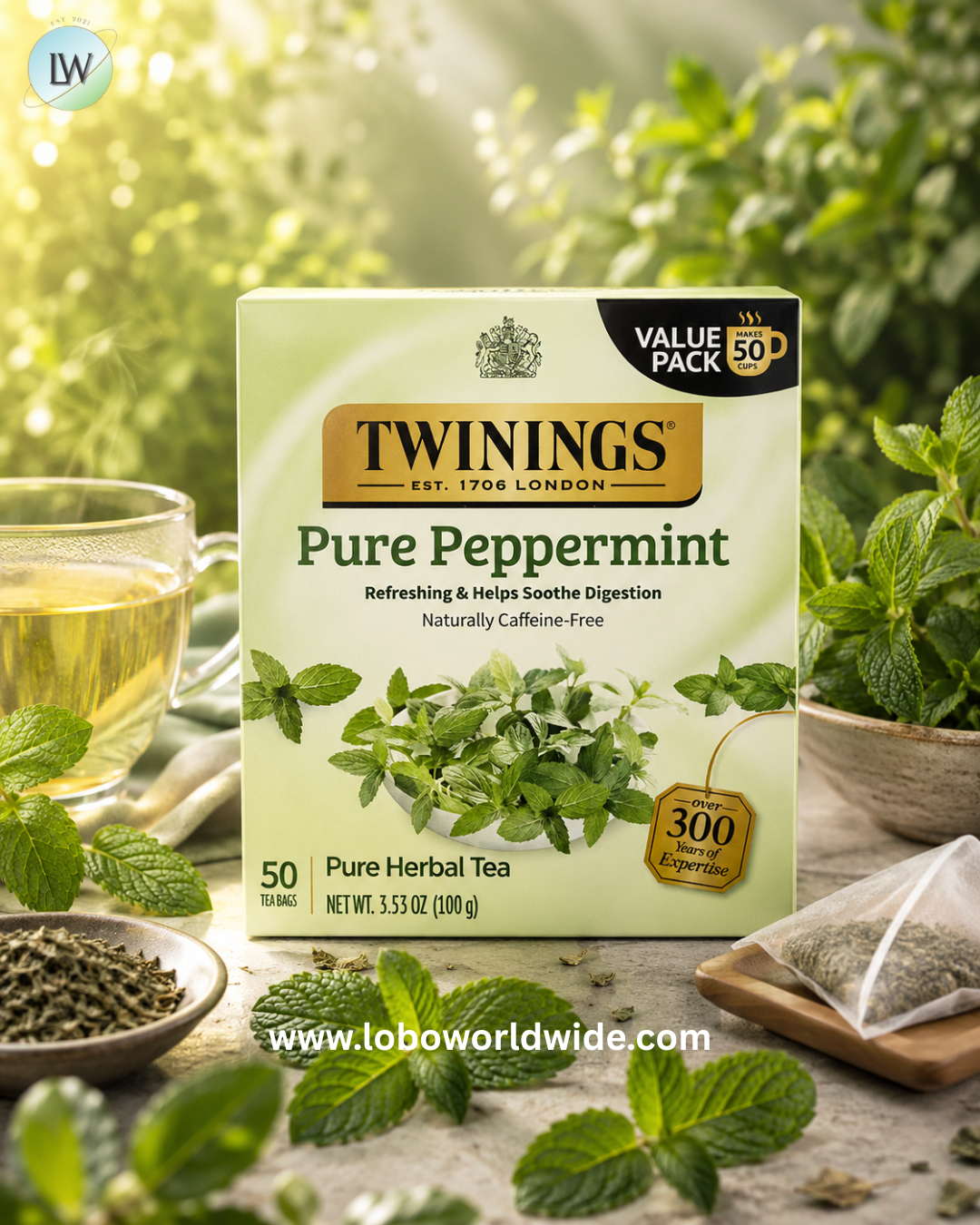 Twinings, Pure Herbal Tea, Pure Peppermint, Caffeine Free, 50 Tea Bags, 3.53 oz (100 g)