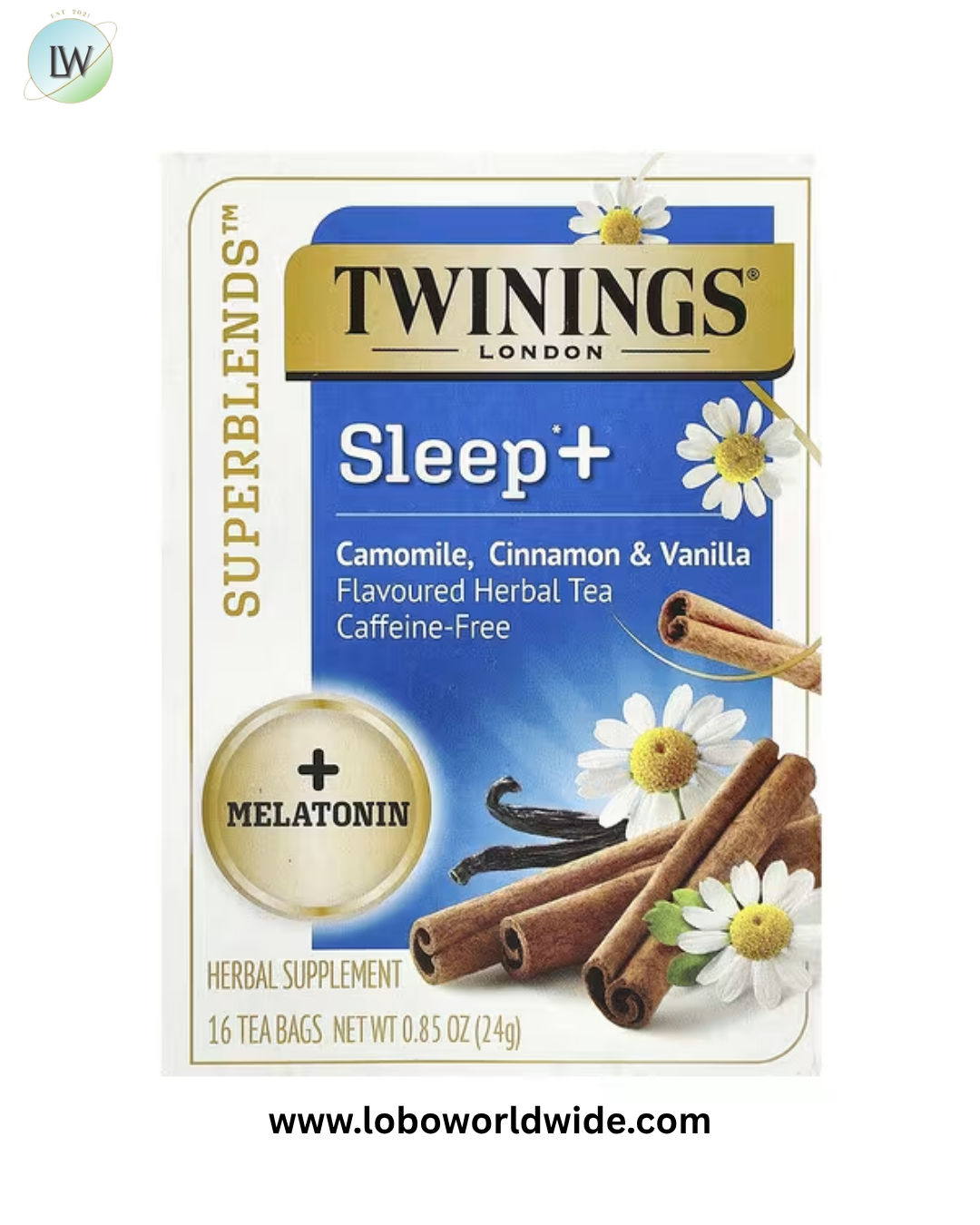 Twinings, Sleep+ with Melatonin Herbal Tea, Camomile, Cinnamon & Vanilla, Caffeine Free, 16 Tea Bags, 0.85 oz (24 g)