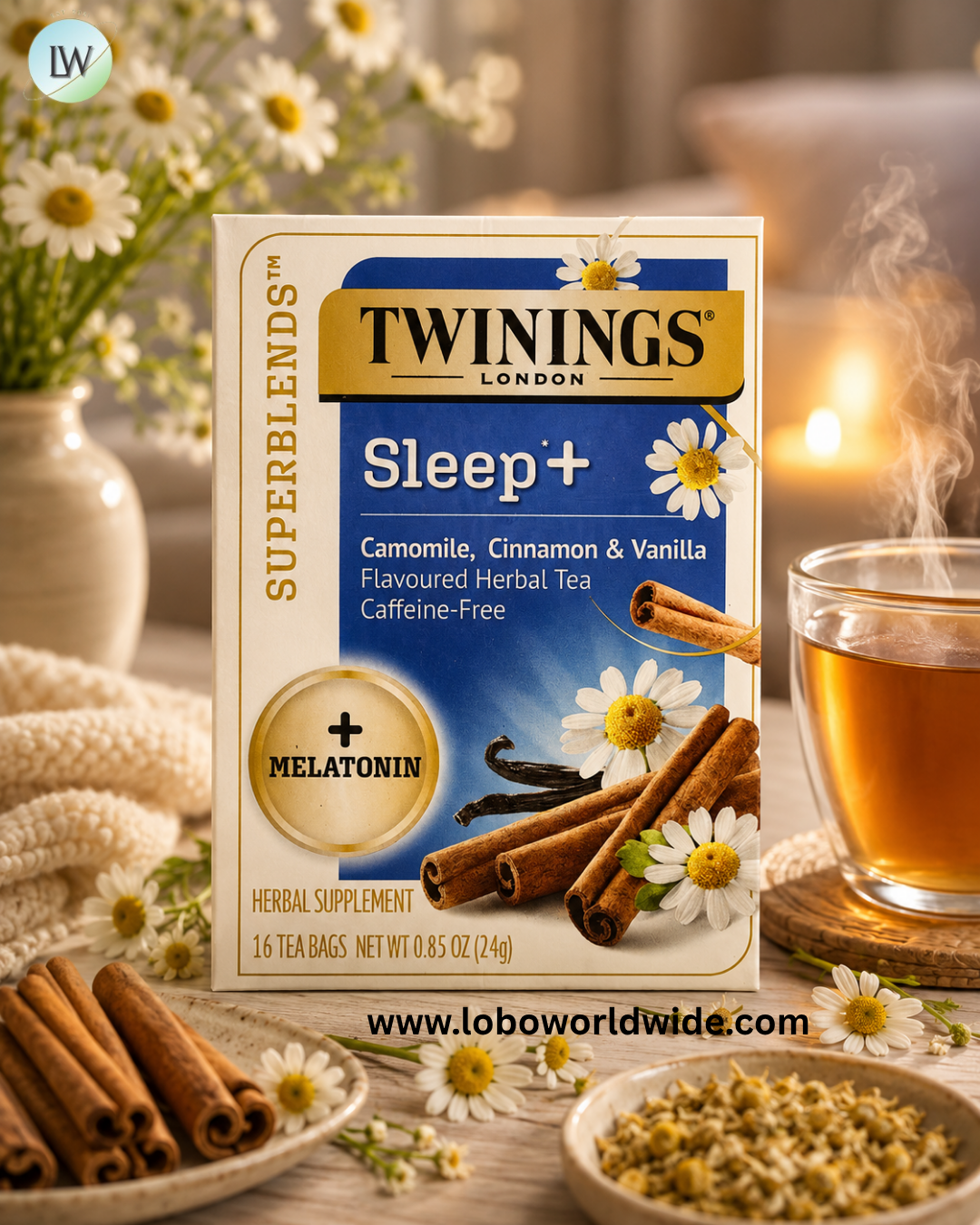 Twinings, Sleep+ with Melatonin Herbal Tea, Camomile, Cinnamon & Vanilla, Caffeine Free, 16 Tea Bags, 0.85 oz (24 g)