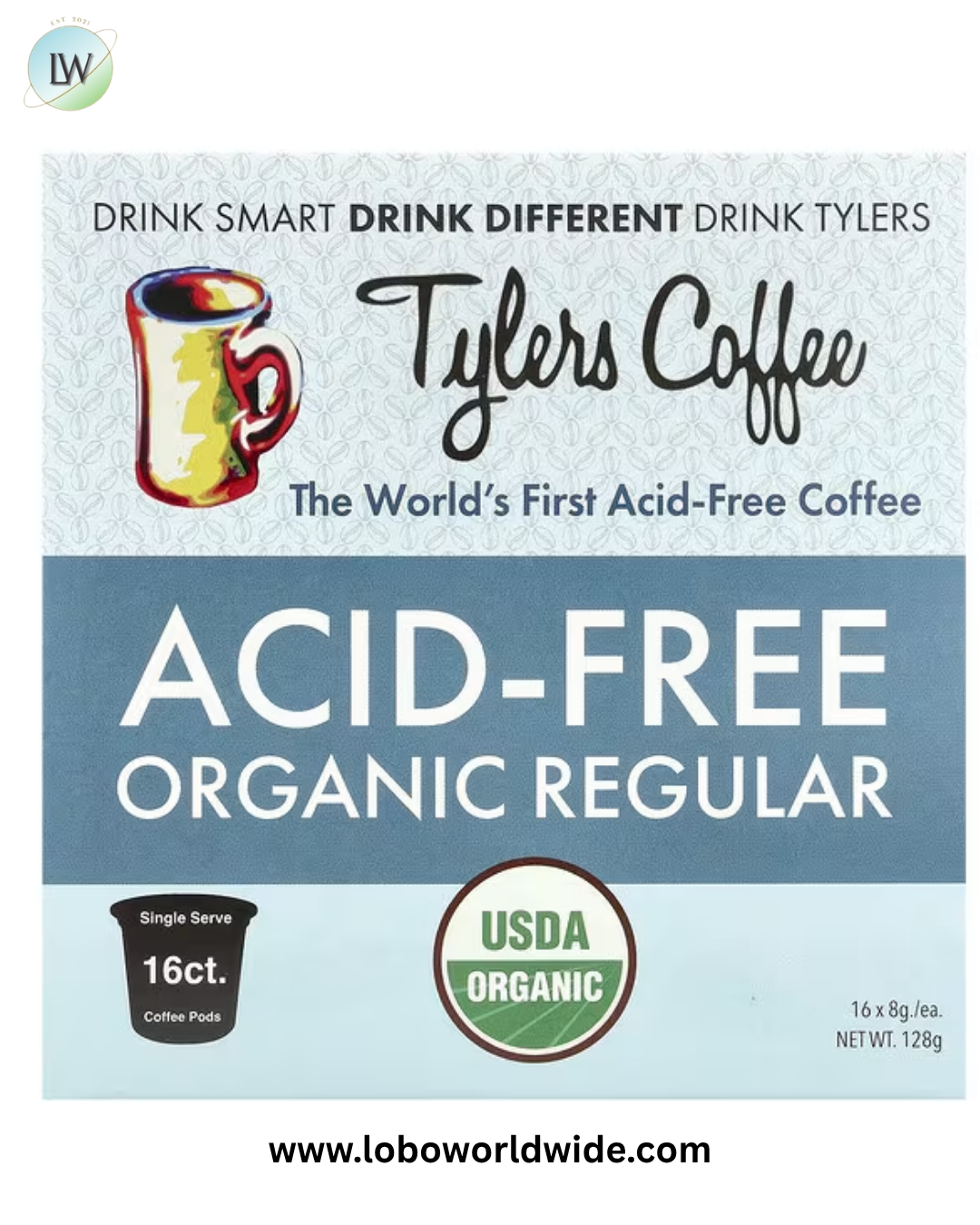 Tylers Coffees, Acid-Free Organic Coffee, Regular, 16 Coffee Pods, (8 g) Each