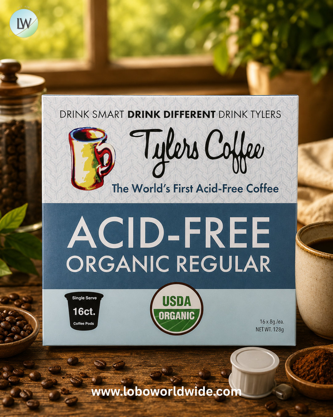 Tylers Coffees, Acid-Free Organic Coffee, Regular, 16 Coffee Pods, (8 g) Each
