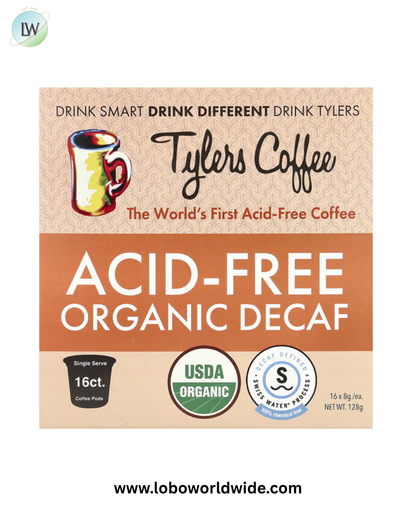 Tylers Coffees, Acid-Free Organic Decaf, 16 Single Serve Coffee Pods, 8 g Each