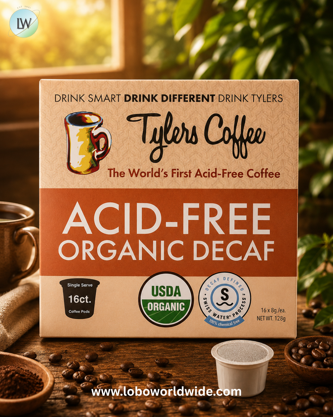Tylers Coffees, Acid-Free Organic Decaf, 16 Single Serve Coffee Pods, 8 g Each