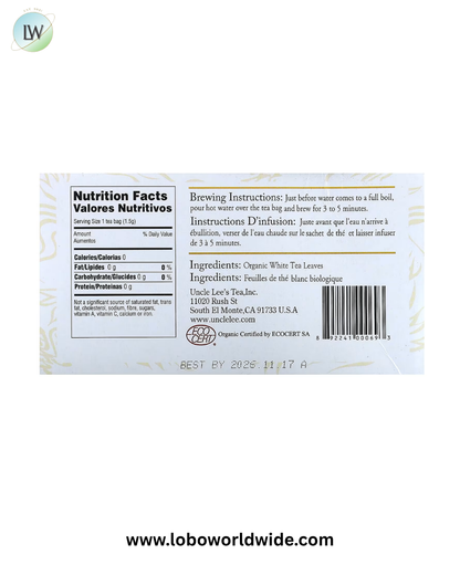Uncle Lee's Tea, Organic White Tea, 100 Tea Bags, 5.29 oz (150 g)