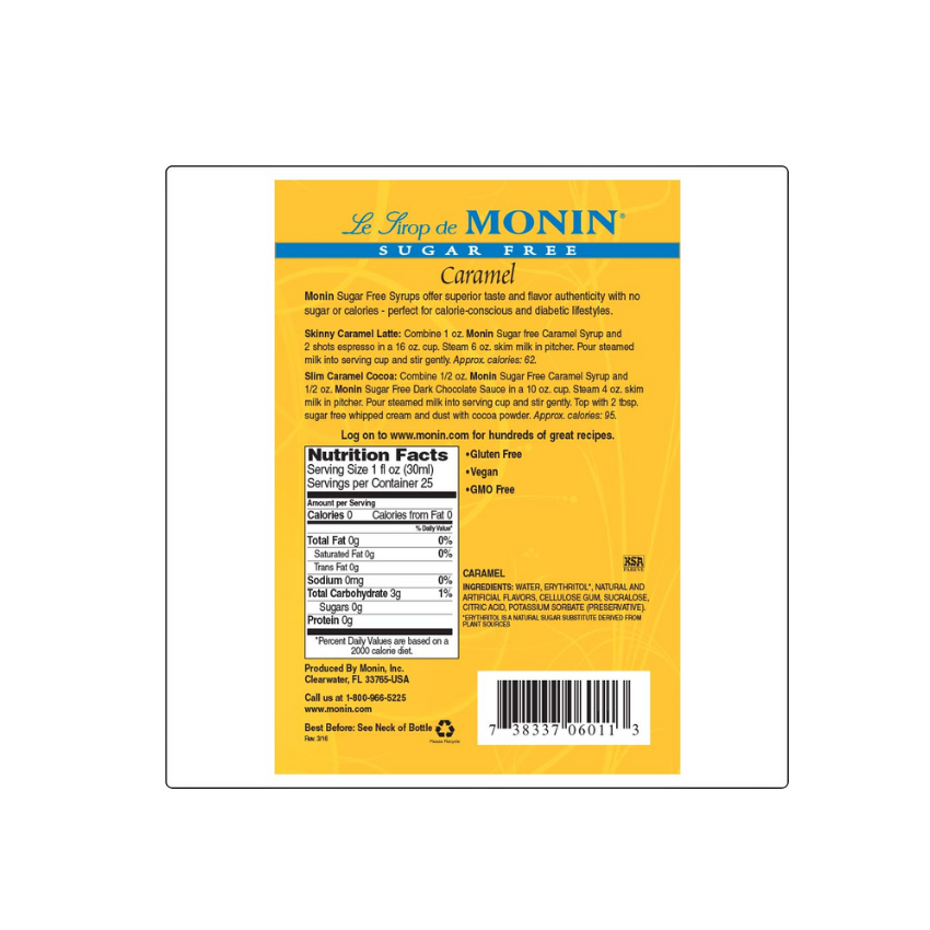 Monin Zero Calorie Natural Caramel Flavoring Syrup 750 mL