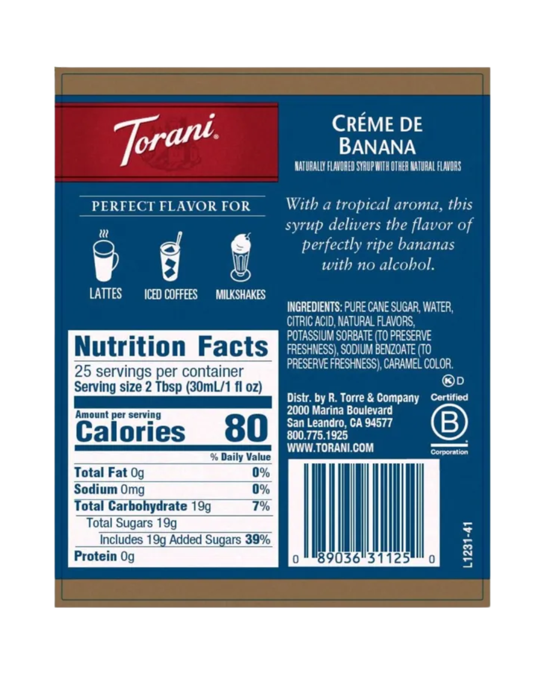 Torani Creme de Banana Flavoring / Fruit Syrup 750 mL