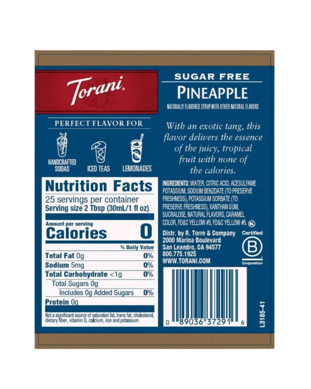 Torani Sugar Free Pineapple Flavoring Syrup 750 mL