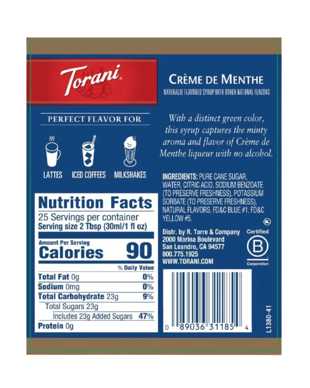 Torani Creme de Menthe Flavoring Syrup 750 mL