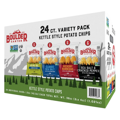 Boulder Canyon Kettle Cooked Potato Chip Variety Pack (24 Individual - 1.5 Oz Bags) of The Following Flavors: Olive Oil, Hickory Barbeque, Sea Salt and Sea Salt & Cracked Pepper