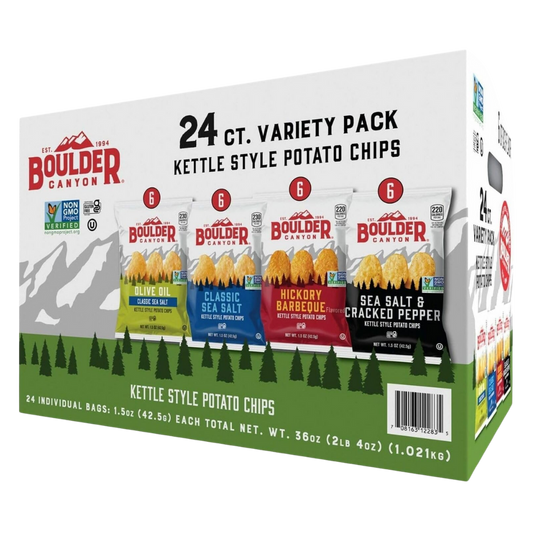 Boulder Canyon Kettle Cooked Potato Chip Variety Pack (24 Individual - 1.5 Oz Bags) of The Following Flavors: Olive Oil, Hickory Barbeque, Sea Salt and Sea Salt & Cracked Pepper