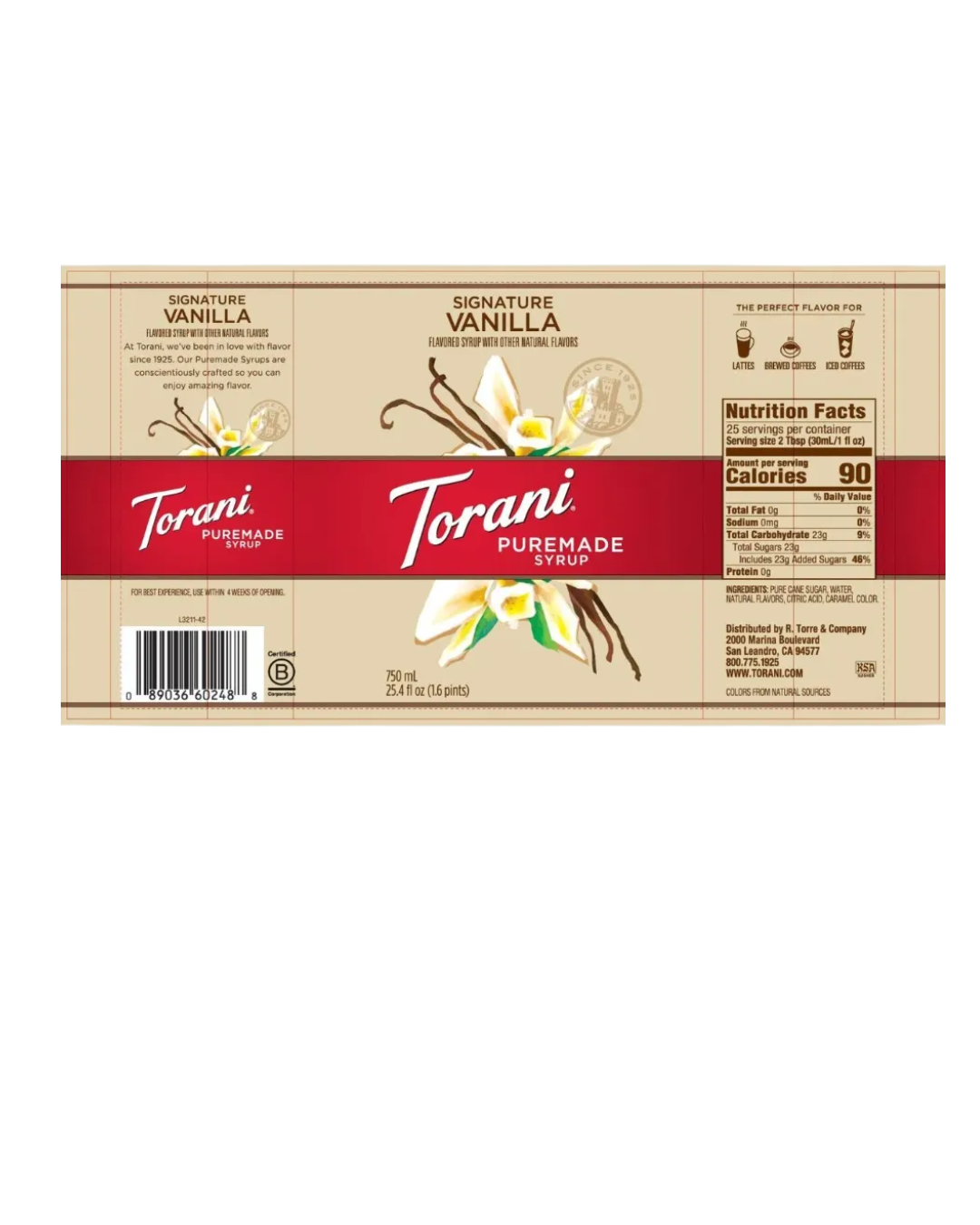 Torani Puremade Signature Vanilla Flavoring Syrup 750 mL