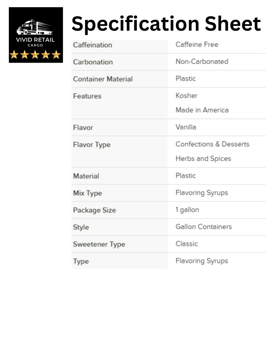 Narvon Light Vanilla Syrup 1 Gallon