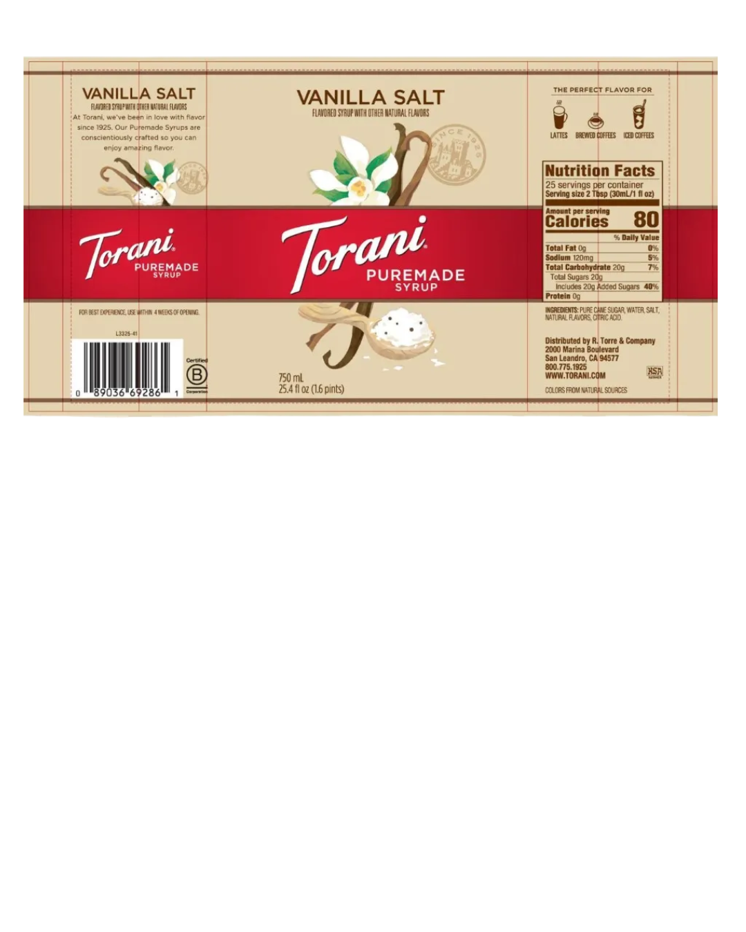 Torani Puremade Vanilla Salt Flavoring Syrup 750 mL