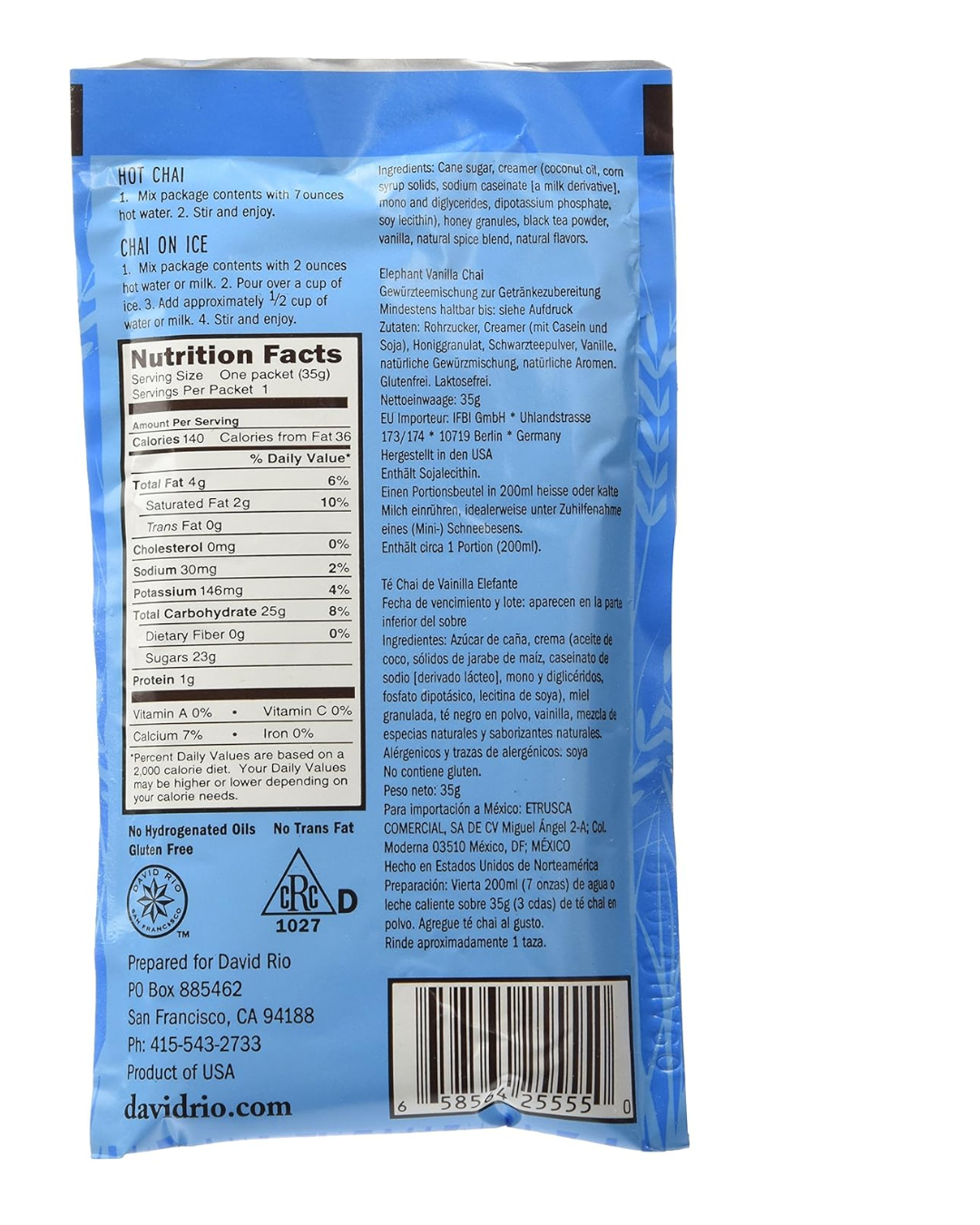 David Rio Elephant Vanilla Chai Tea Latte Single Serve Packets - 12/Box