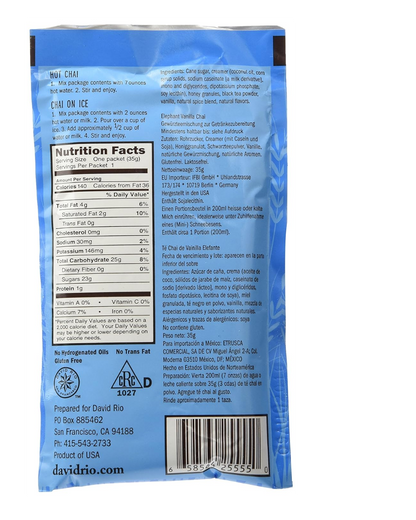 David Rio Elephant Vanilla Chai Tea Latte Single Serve Packets - 12/Box