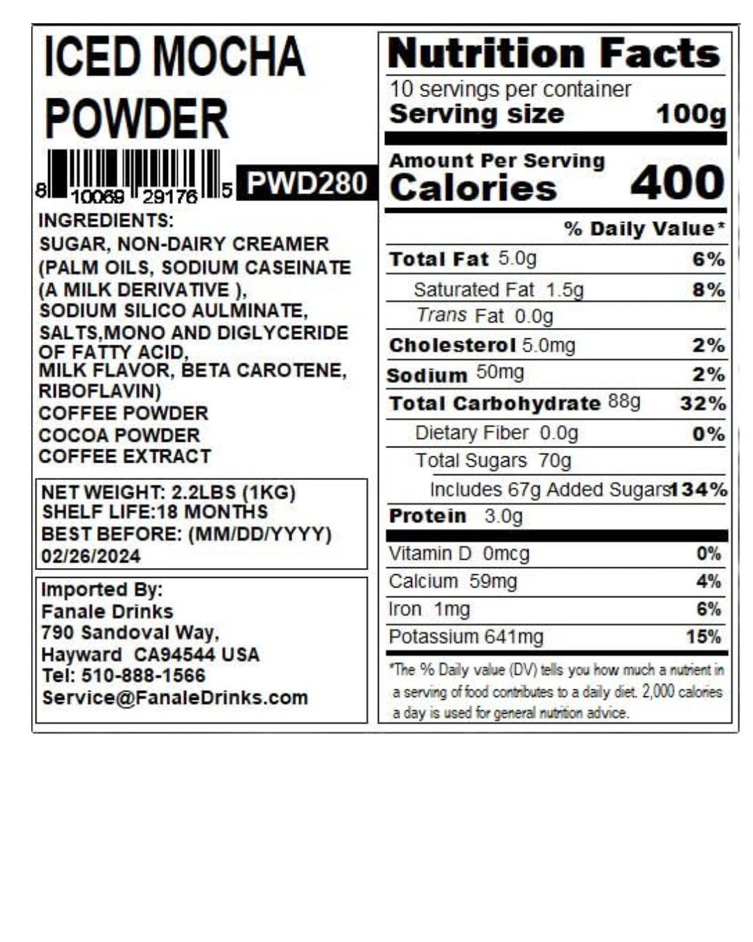 Fanale Mocha Latte Powder Mix 2.2 lb.