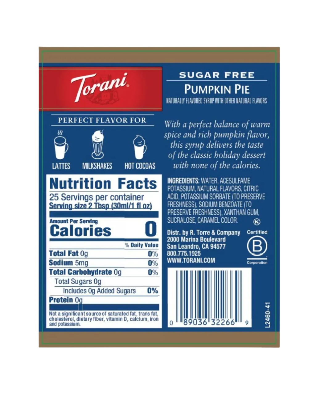 Torani Sugar Free Pumpkin Pie Flavoring Syrup 750 mL