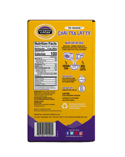 Oregon Chai Original Chai Tea Latte 1:1 Concentrate 1.5 Gallon Bag in Box