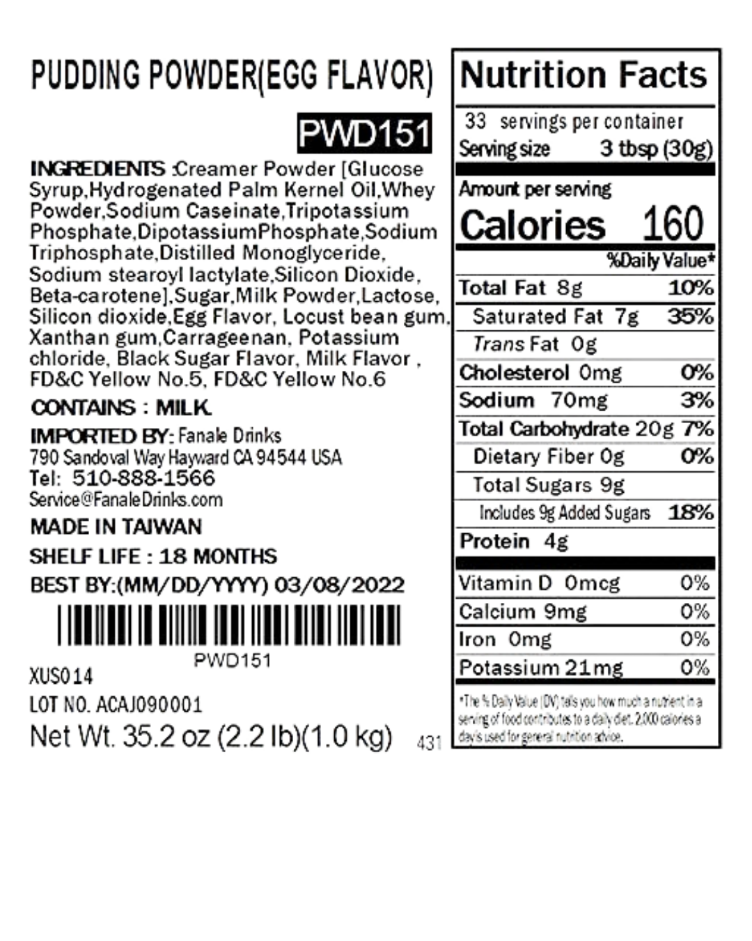 Fanale Egg Pudding Powder Mix 2.2 lb.