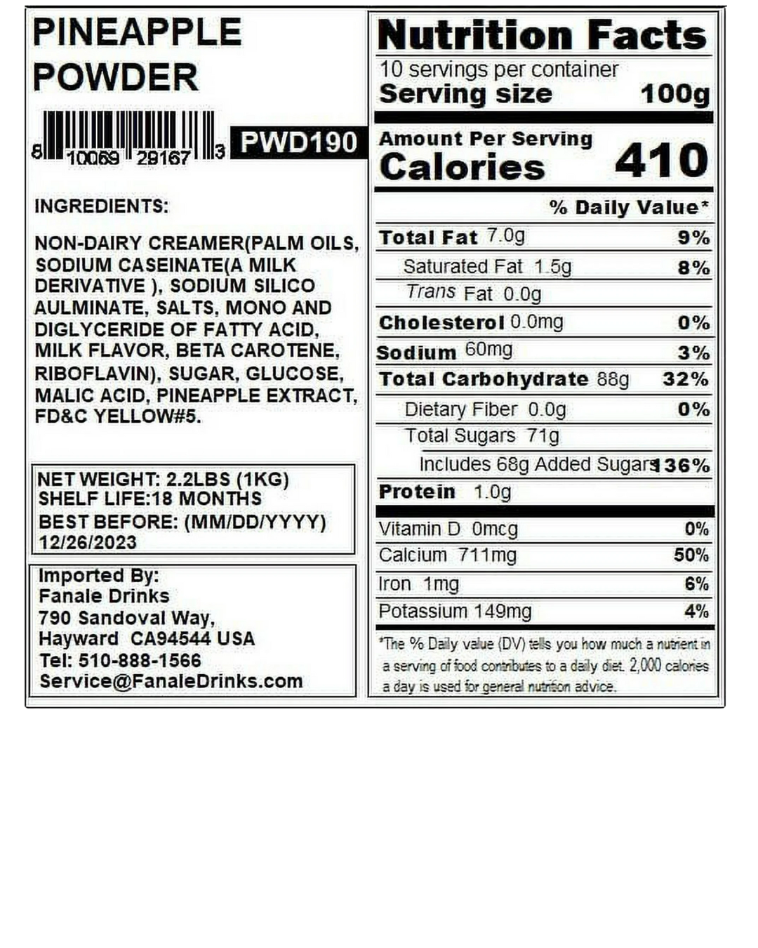 Fanale Pineapple Powder Mix 2.2 lb.