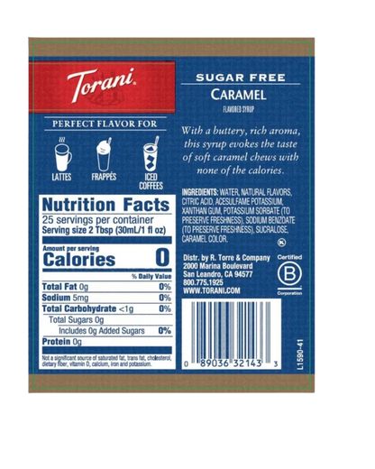 Torani Sugar Free Caramel Flavoring Syrup 750 mL