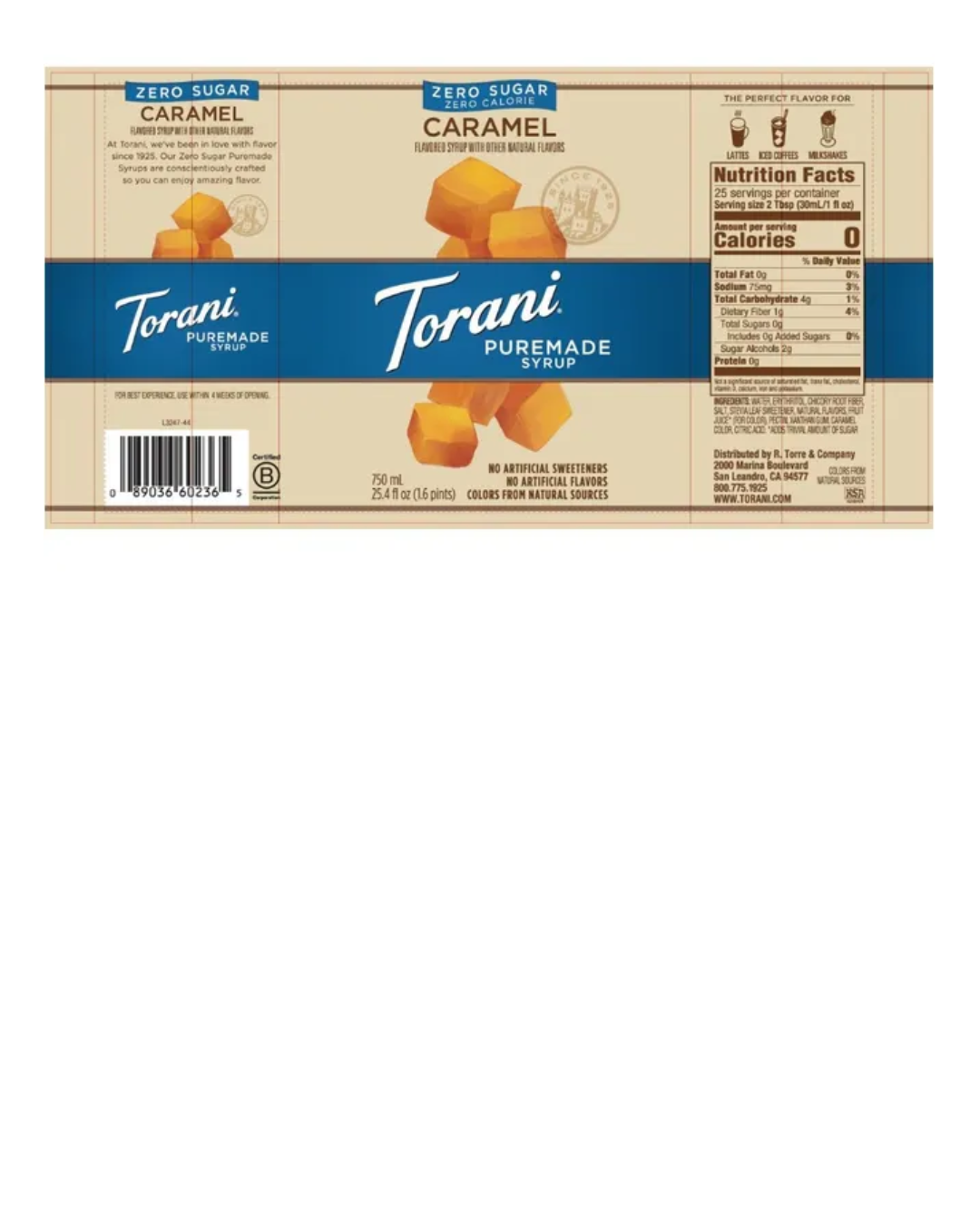 Torani Puremade Zero Sugar Caramel Flavoring Syrup 750 mL