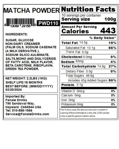 Fanale Matcha Green Tea Pure Powder Mix 2.2 lb.