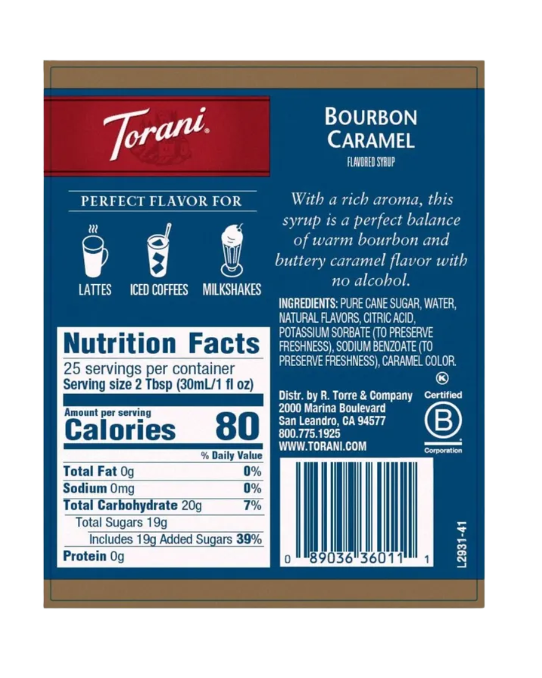 Torani Bourbon Caramel Flavoring Syrup 750 mL
