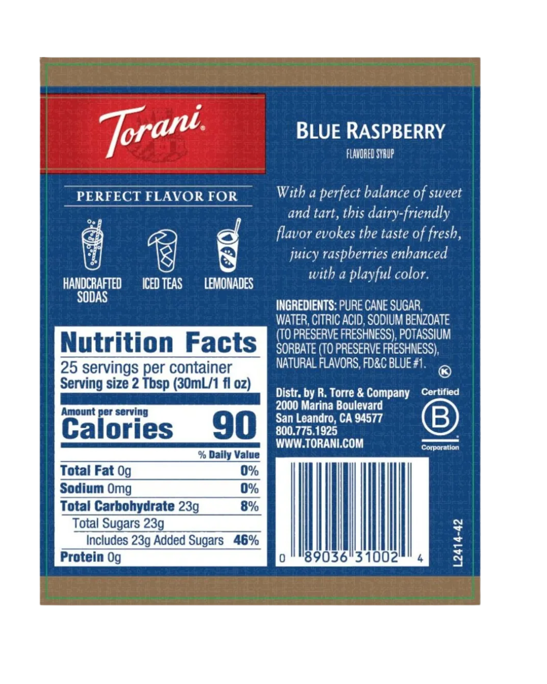 Torani Sugar Free Blue Raspberry Flavoring Syrup 750 mL Plastic Bottle
