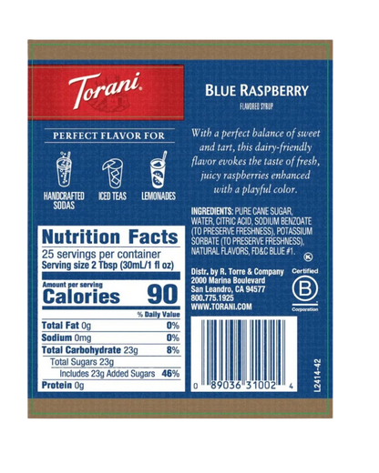 Torani Sugar Free Blue Raspberry Flavoring Syrup 750 mL Plastic Bottle