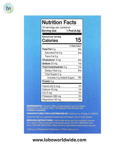 VitaCup, Hydration Coffee & Electrolytes, Medium Roast, 18 Pods, 0.16 oz (4.5 g) Each
