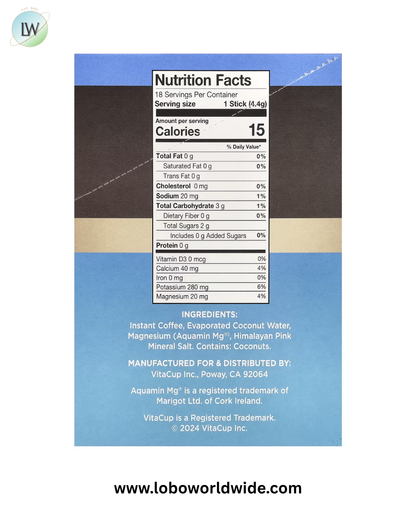 VitaCup, Hydration Instant Coffee & Electrolytes, Medium Roast, 18 Single-Serve Sticks, 0.16 oz (4.4 g) Each