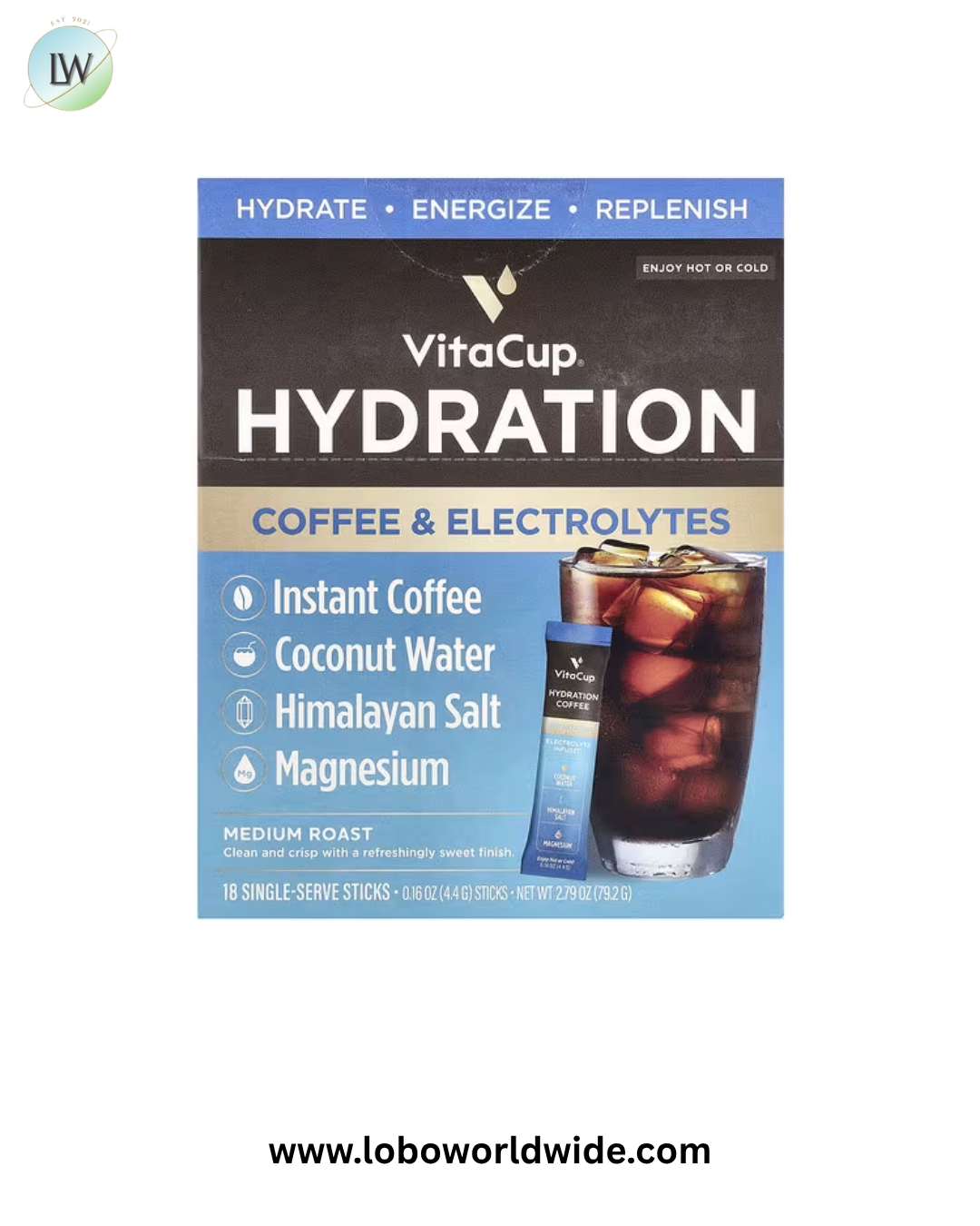 VitaCup, Hydration Instant Coffee & Electrolytes, Medium Roast, 18 Single-Serve Sticks, 0.16 oz (4.4 g) Each