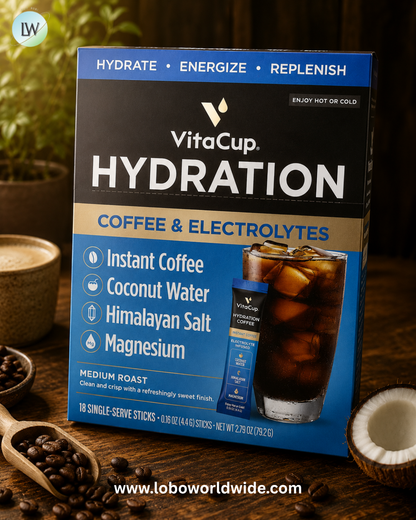 VitaCup, Hydration Instant Coffee & Electrolytes, Medium Roast, 18 Single-Serve Sticks, 0.16 oz (4.4 g) Each