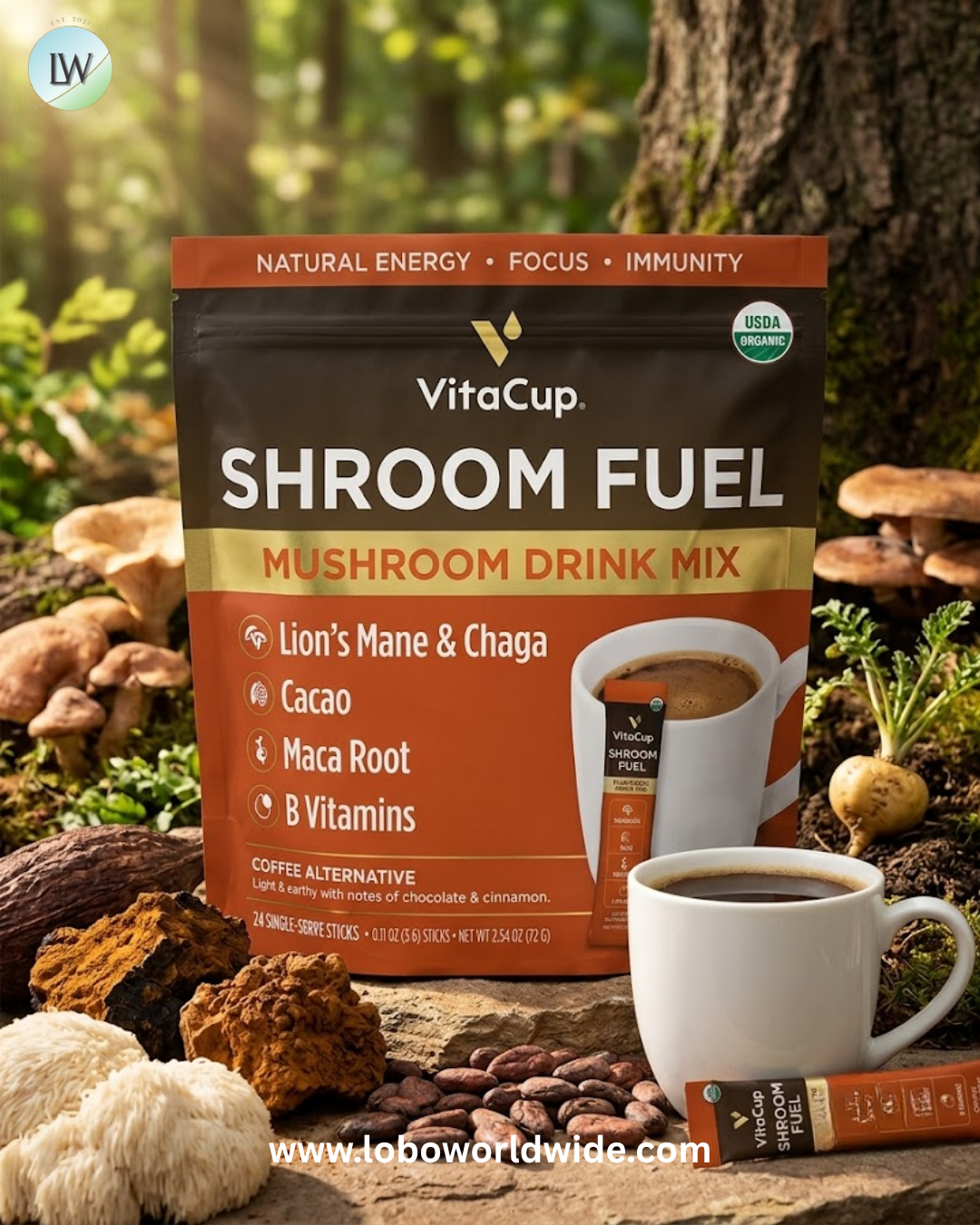 VitaCup, Shroom Fuel, Mushroom Drink Mix, 24 Single-Serve Sticks, 0.11 oz (3 g) Each
