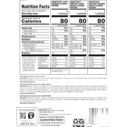 Smartfood Flavored Popcorn 3 Flavor Variety Pack Snack Chips, 0.5 oz Bags, 18 Count Multipack
