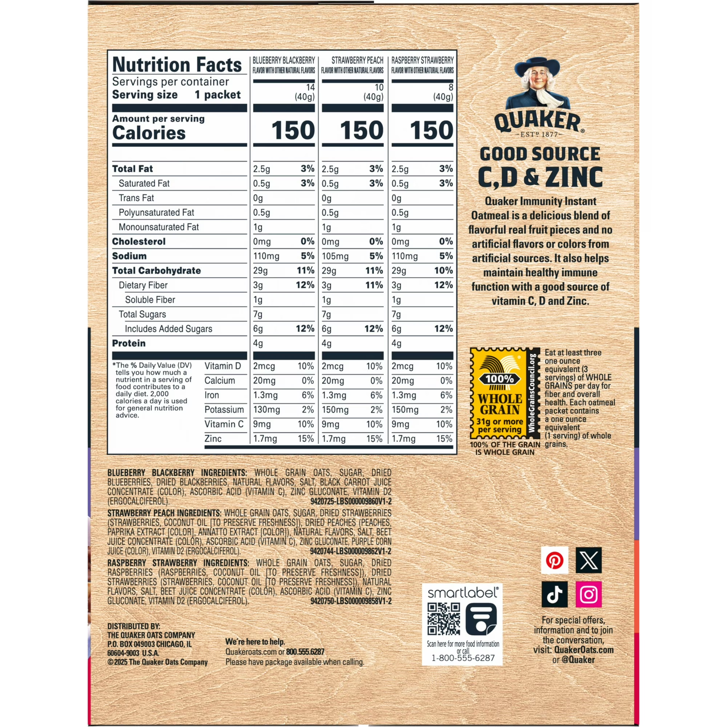 Quaker Instant Oatmeal Immunity Variety Pack, 32 Packets
