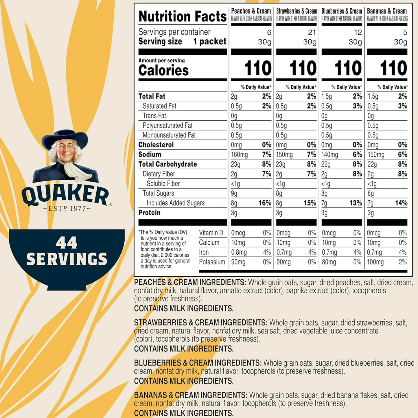 Quaker Instant Oatmeal, Fruit & Cream, 4 Flavor Variety Pack, 44 Packets