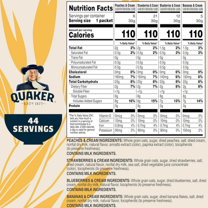 Quaker Instant Oatmeal, Fruit & Cream, 4 Flavor Variety Pack, 44 Packets