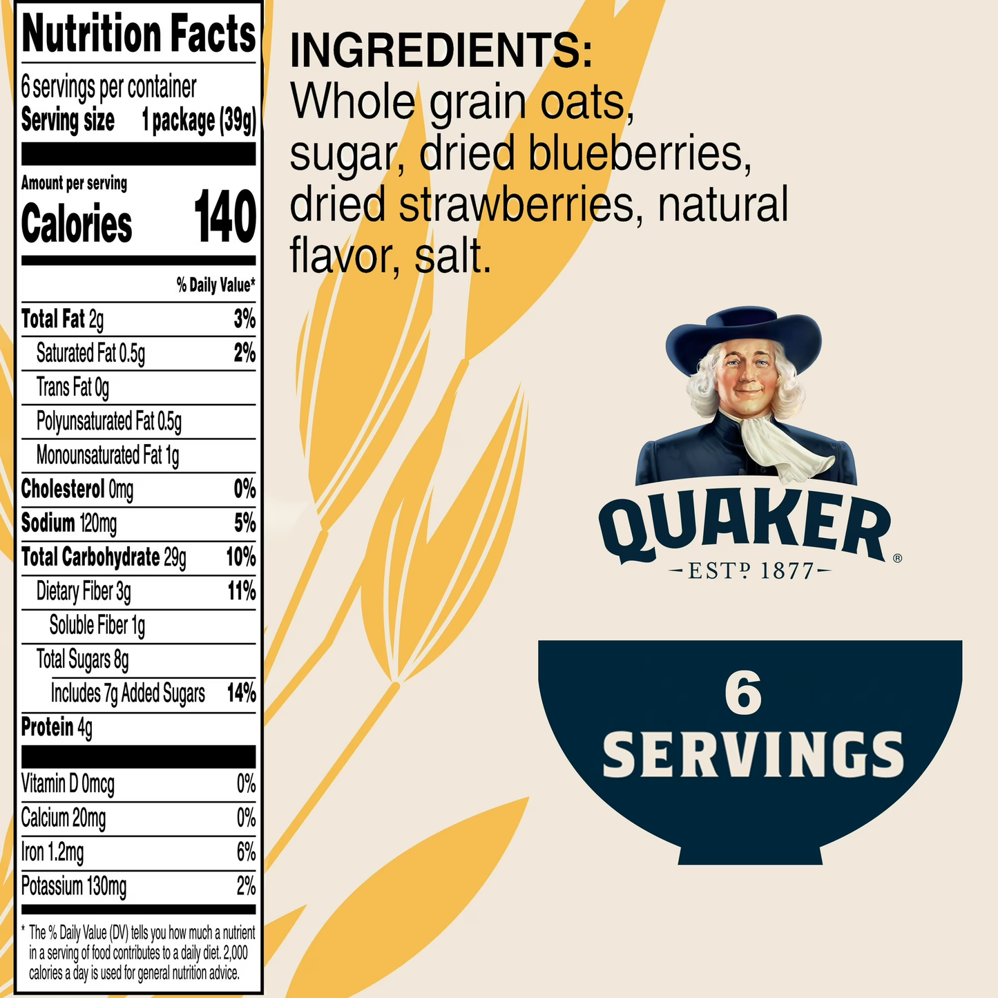 (6 pack) Quaker Instant Oatmeal, Blueberry & Strawberry, 1.37 oz Box, 6 Packets