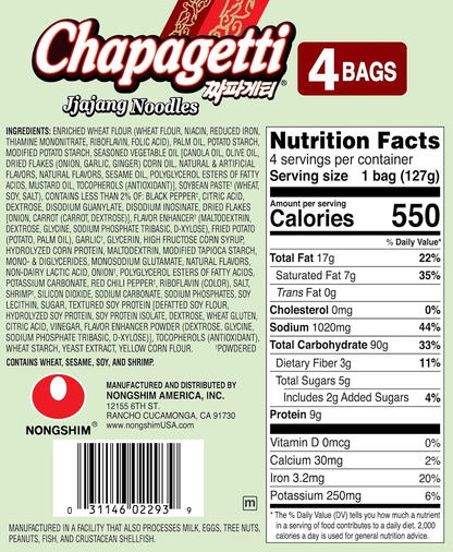 Nongshim Ramen Noodles, Gourmet Instant Ramen, Premium Microwavable Noodle, Chapagetti, 4.5 Ounce (Pack of 4)