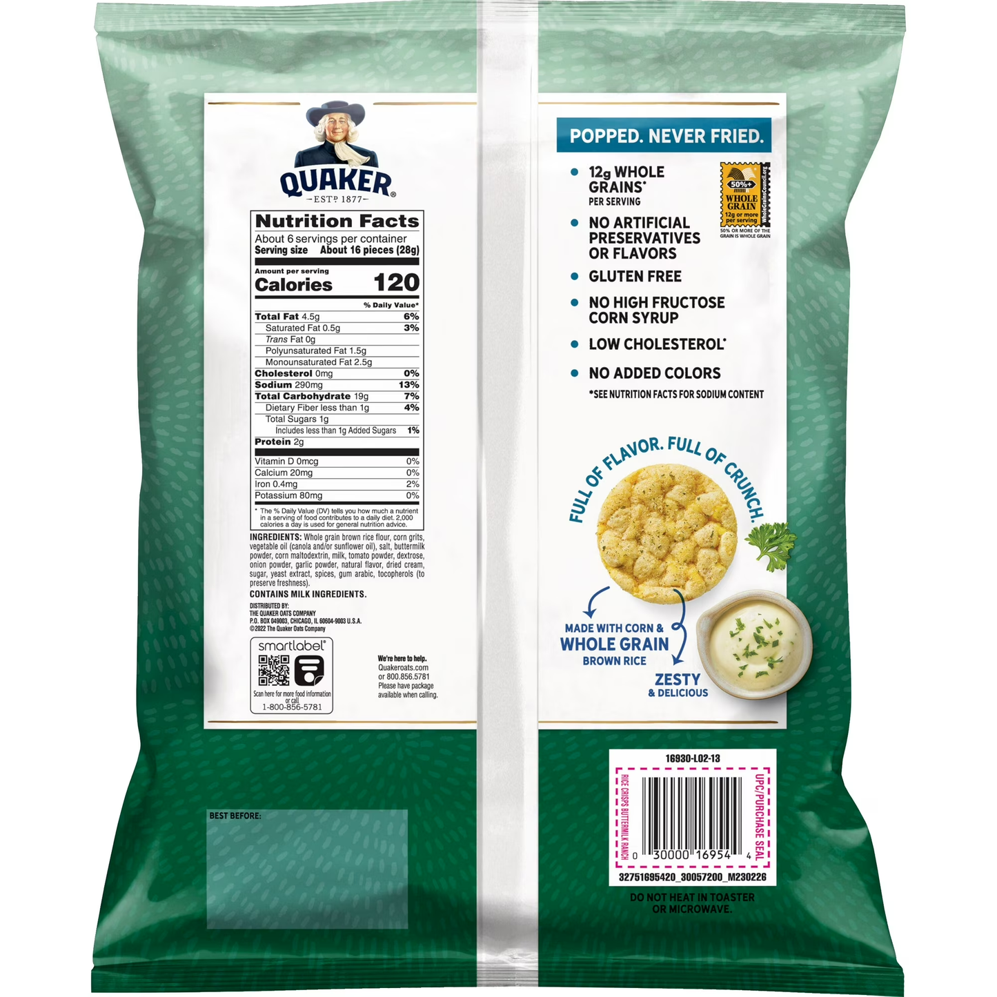(6 pack) Quaker Rice Crisps, Buttermilk Ranch, 6.06 Oz.