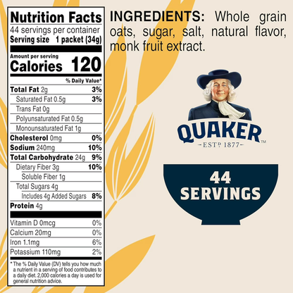 Quaker Instant Oatmeal, Lower Sugar, Maple & Brown Sugar, 1.19 oz Packets, 44 Packets