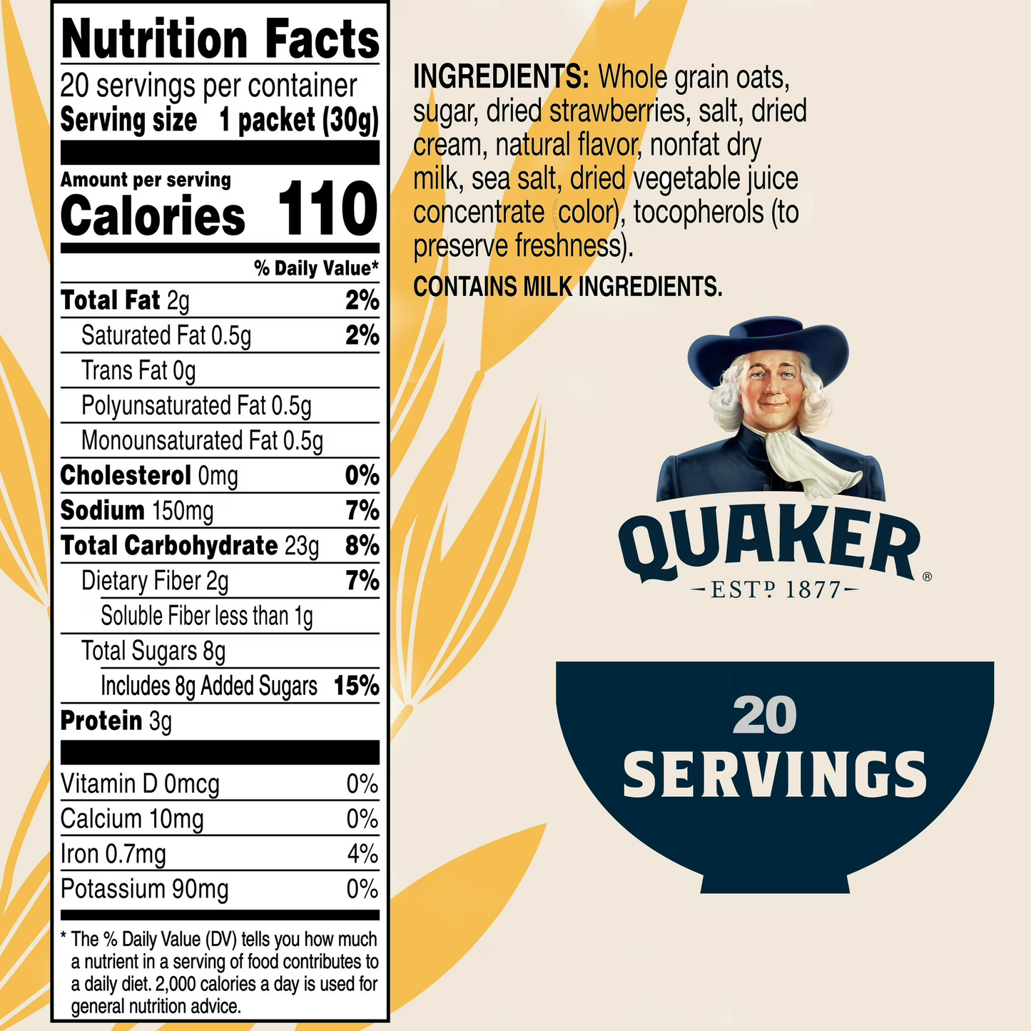 Quaker, Instant Oatmeal, Strawberry & Cream, 1.1 oz, 20 Packets