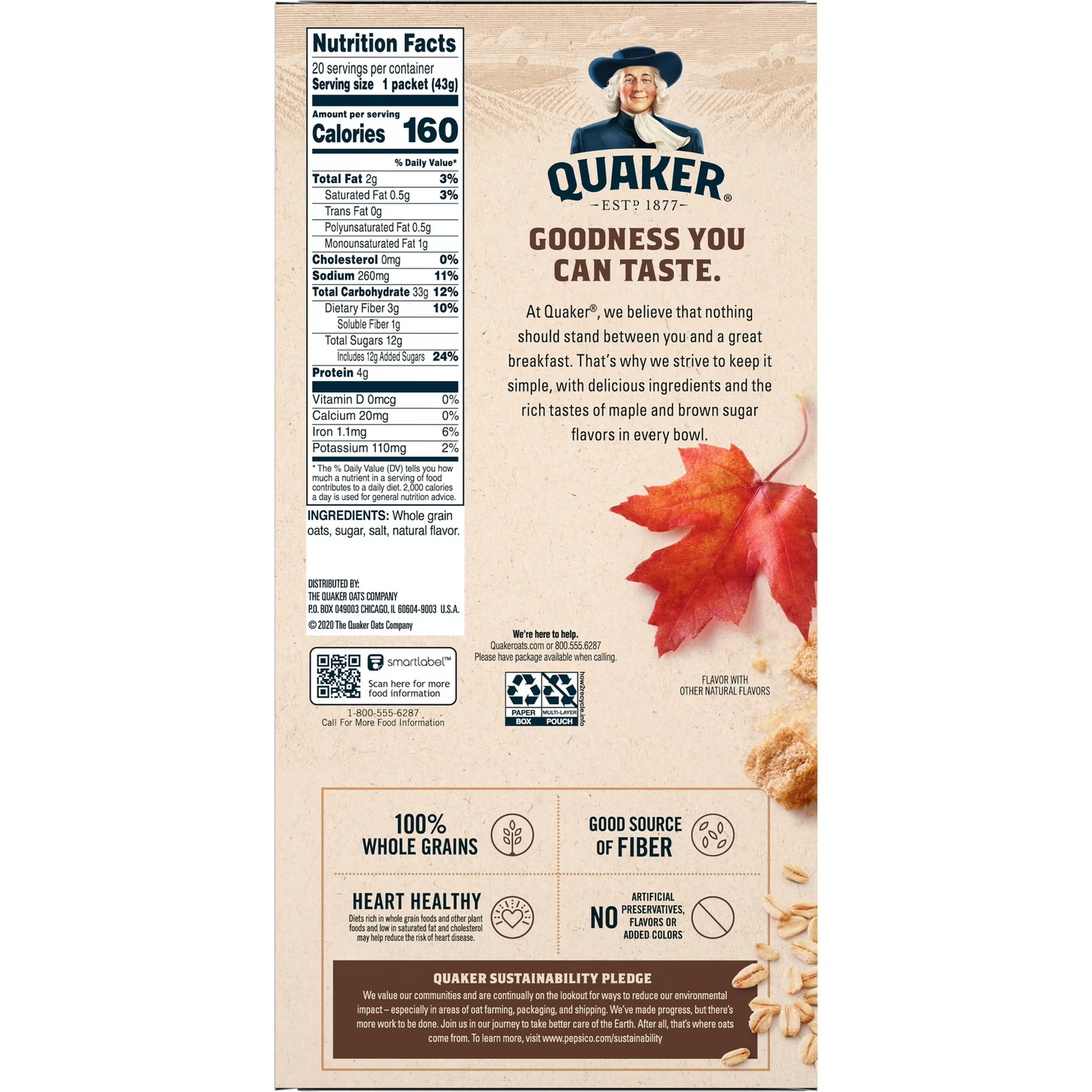 Quaker Maple & Brown Sugar Flavor Instant Oatmeal, 1.51 oz 20 Packets