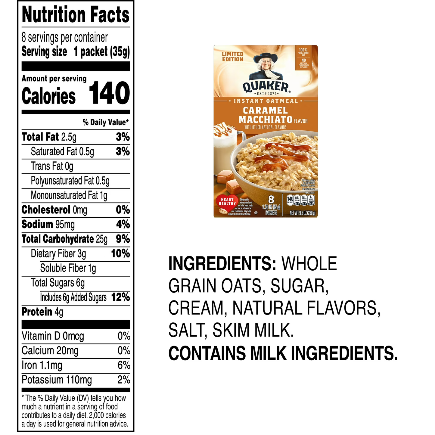 Quaker Caramel Macchiato Flavor Instant Oatmeal, 8 Count, 9.8 Ounce Box