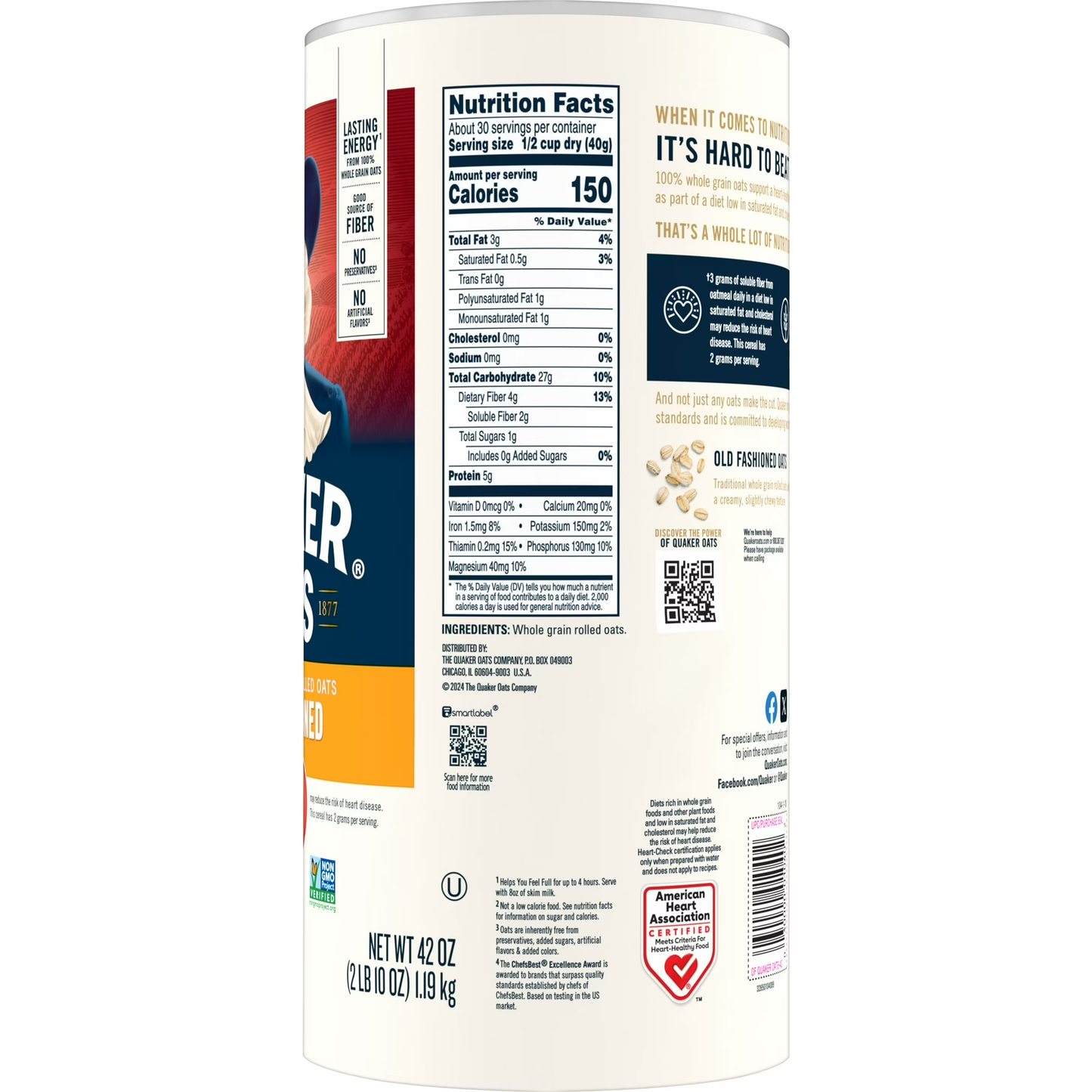 (12 pack) Quaker Oats Old Fashioned 100% Whole Grain Oatmeal, 18 oz Canister